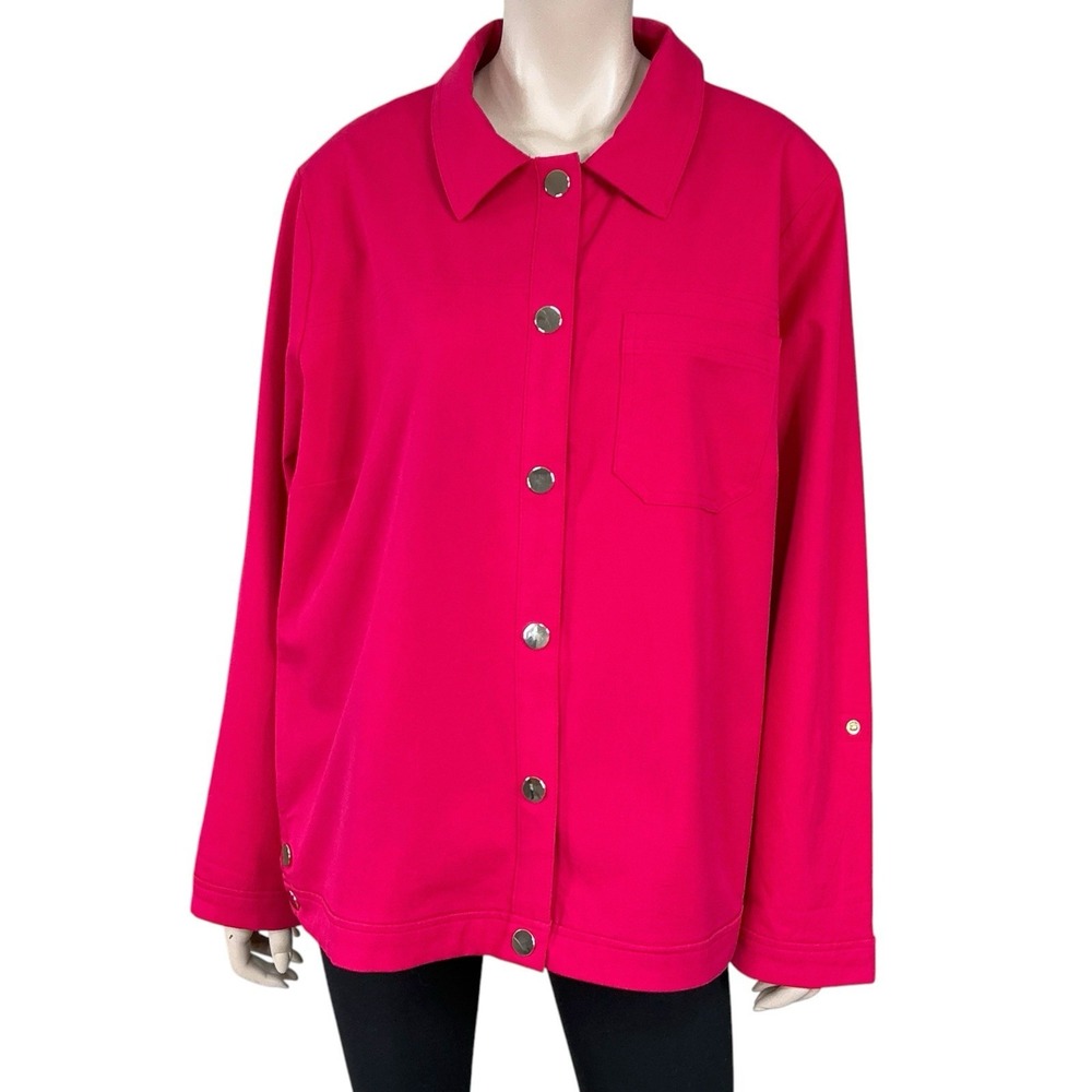 Chicos Jacket Women 4/US 20/22 Hot Pink Long Sleeve Gold Snaps Collared NWOT
